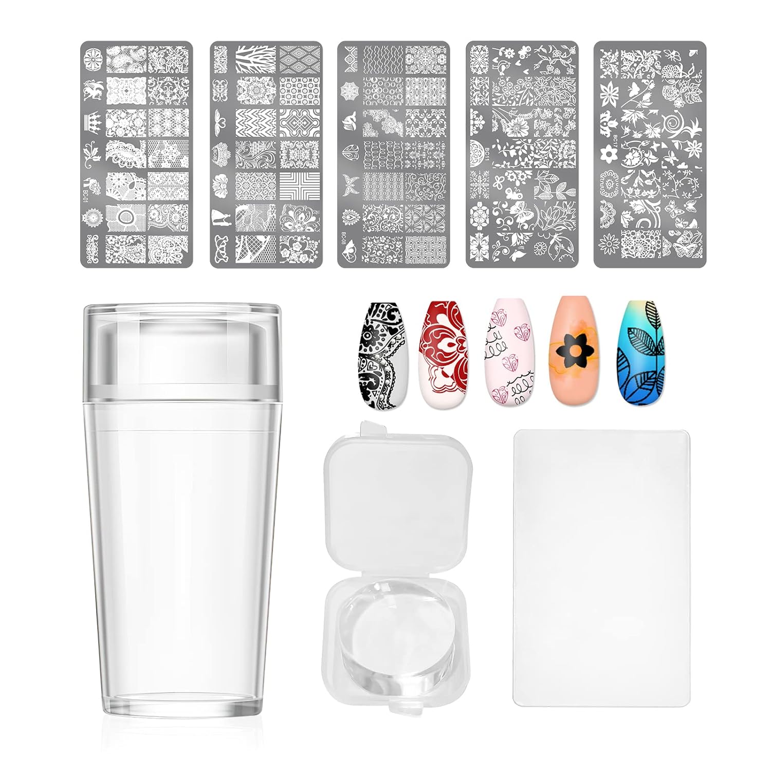 X&D Nail Art Stamper Clear Jelly Nail Art Stamping Transparent Silicone Rubber Nail Polish Stamper with Acrylic Scraper, Spare heads, Stainless Steel Plate Kit for French Tips and Transfer Images B-BrightBean Baby