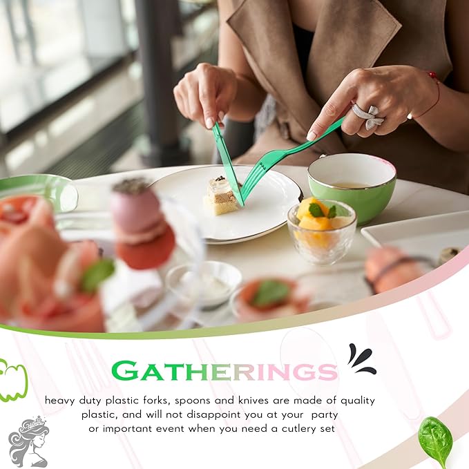 Minatee 150 Pieces Disposable Cutlery Set Plastic Silverware Heavy Duty Utensil Sets 50 Forks 50 Knives 50 Spoons for Home Office School Party Picnics Restaurant Outdoor Events (Pink,Green)