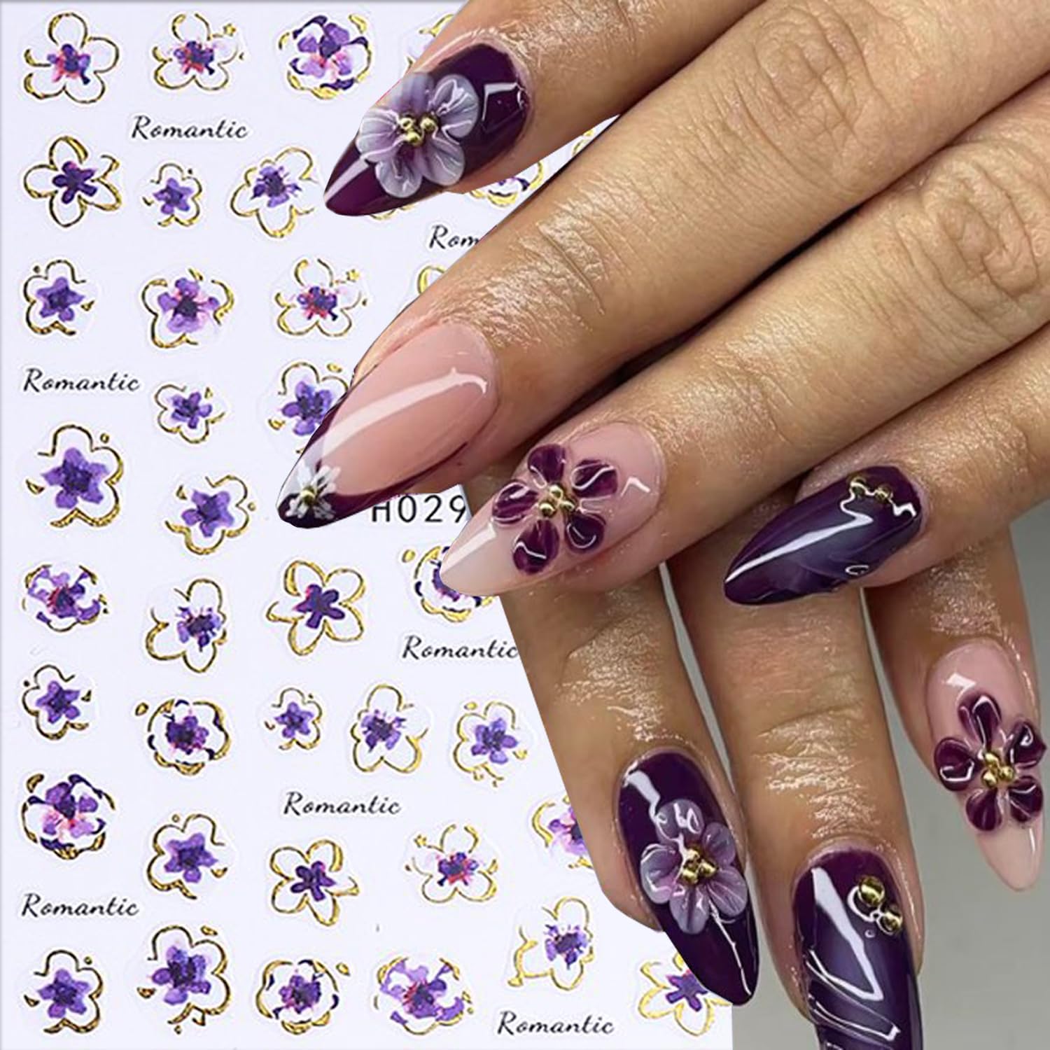 6 Sheets Flower Nail Art Stickers 3D Self-Adhesive Hot Stamping Blossom Nails Sticker Spring Nail Art Decals Holographic Floral Nails Decal Decoration for Women Flowers Manicure DIY Nail Supplies-BrightBean Baby