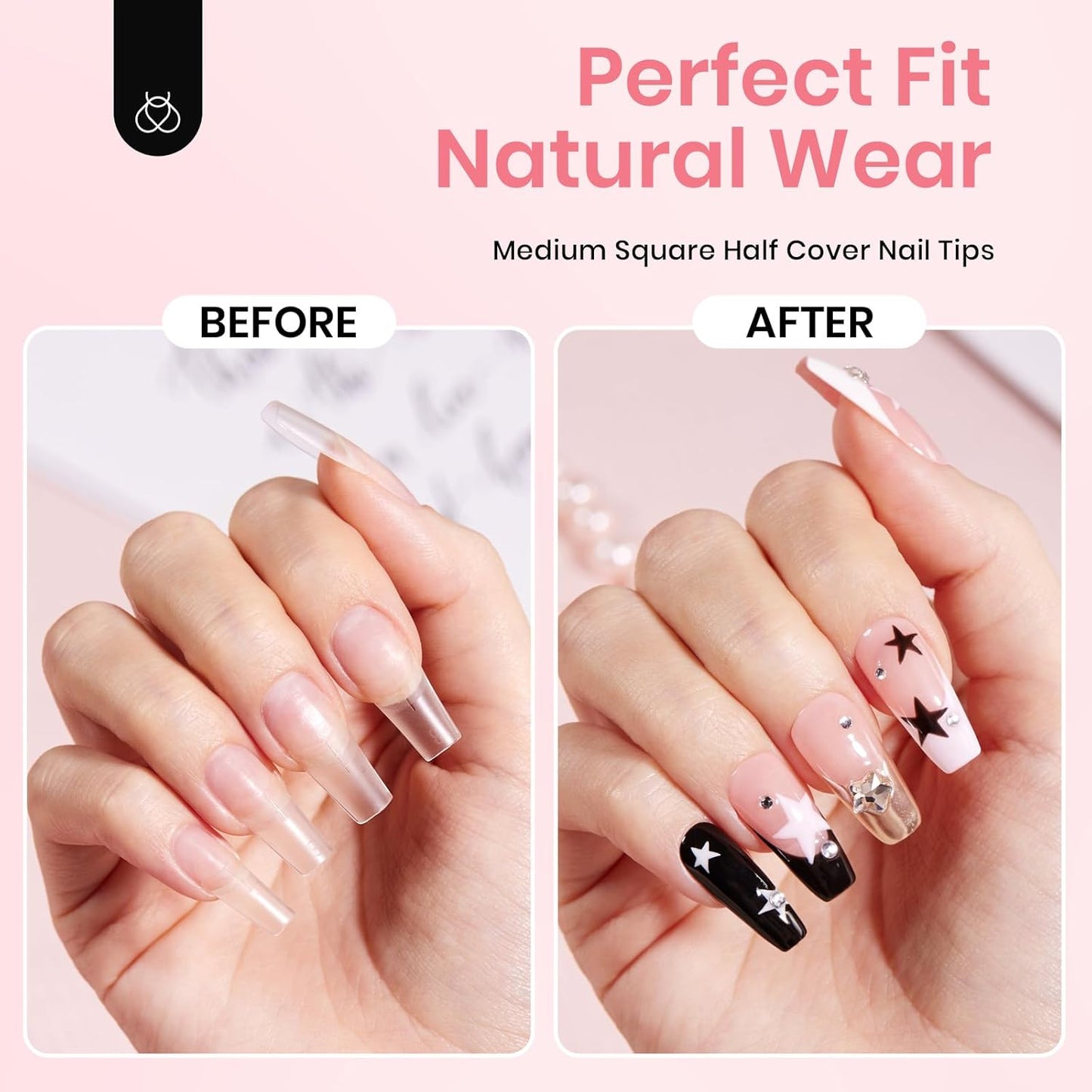 Beetles Gel Nail Tips Kit Etch-X, Square Medium, 288Pcs 12 Sizes, with 10mL Nail Glue, Pre-Etched Half Matte Half Cover Soft Acrylic False Nail Kit for Home DIY Salon Art Fall Press on Nail Extension-BrightBean Baby