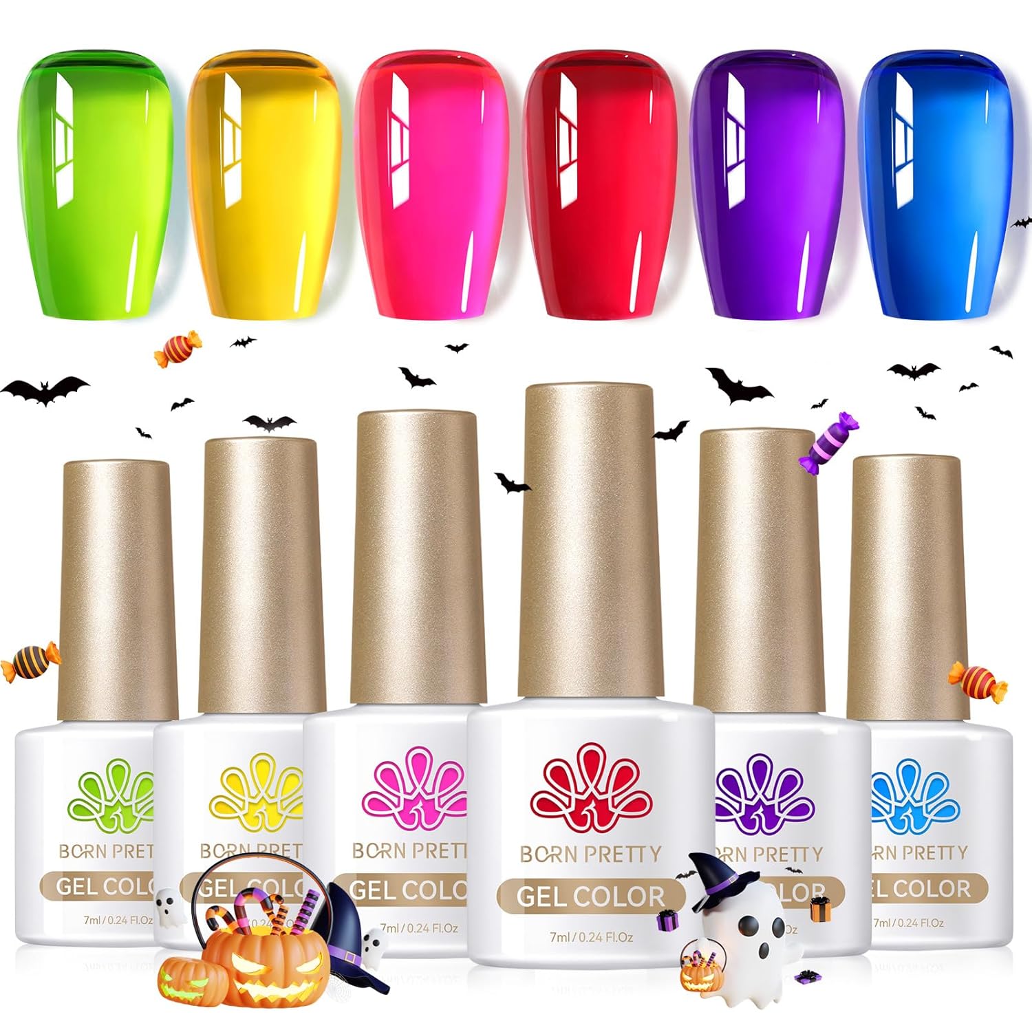 BORN PRETTY Jelly Gel Nail Polish Halloween Neon Gel Polish,Hot Pink Red Purple Blue Green Yellow 6Colors Translucent Effect,Soak Off U v LED Light Cure Nail Art Kit for Salon Manicure and DIY at Home-BrightBean Baby