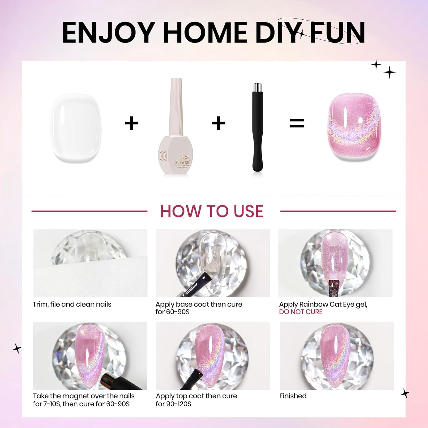 Pink Rainbow Cat Eye Gel Nail Polish Glitter Holographic Gel Polish with Magnetic Stick for a Glittery Iridescent Galaxy Effect Soak Off UV Lamp Perfect for Nail Art & DIY Manicures at Home-BrightBean Baby