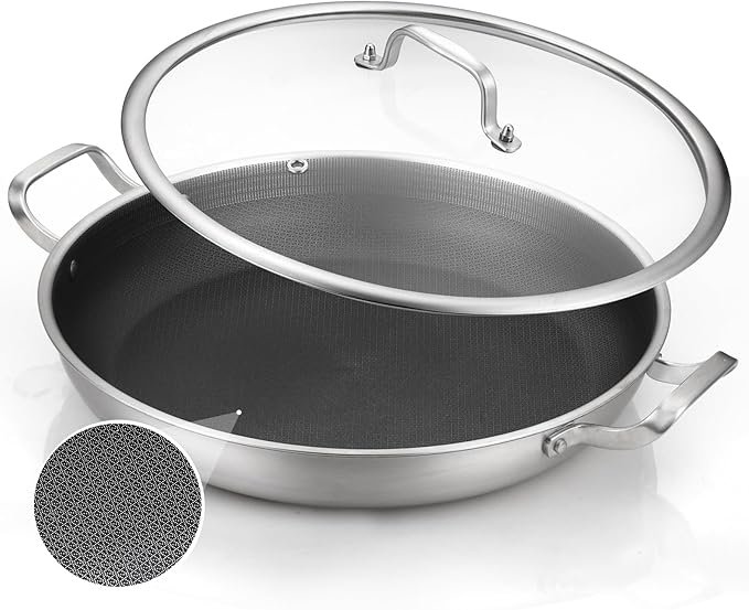 DELARLO 14" Tri-Ply Stainless Steel Paella Pan with Lid