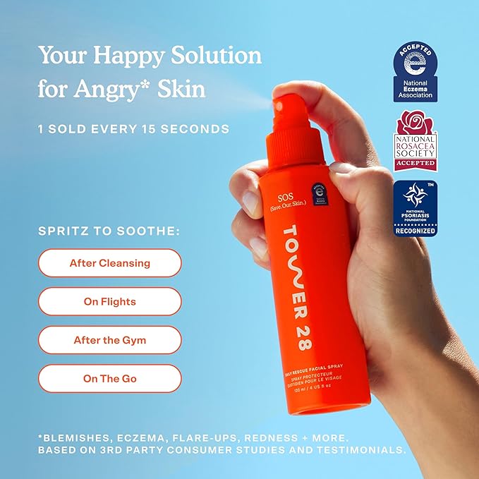 Tower 28 SOS Daily Rescue Facial Spray for Sensitive Skin, Hypochlorous Acid Spray Helps Visibly Reduce the Appearance of Redness and Breakouts, Travel Size Toner for Face, 1 FL Oz-BrightBean Baby