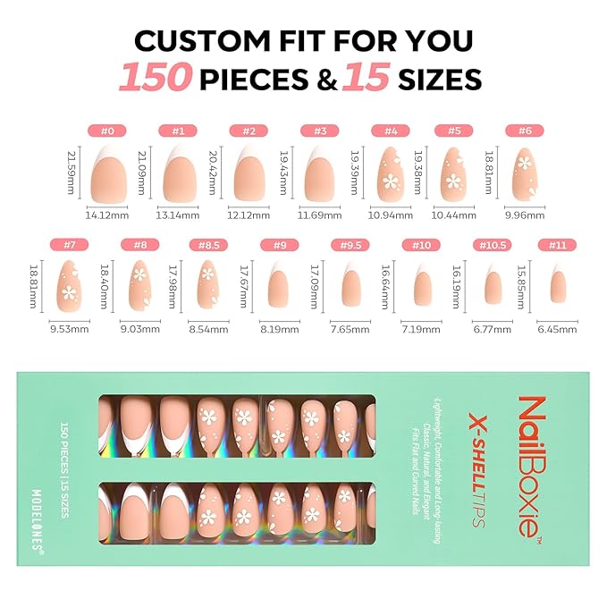 modelones Press on Nails, 150 Pcs French Tip Press on Nails, NailBoxie Brown Almond Shape Nail Tips, Natural Salon Finish Fake Nails, Ideal for Wedding, Party, Daily DIY Nail, 15 Sizes-BrightBean Baby
