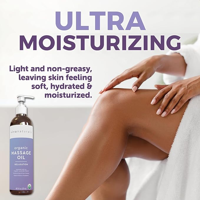 Viva Naturals Organic Massage Oil (8 fl. oz.) - Lavender Scented Non-Greasy Body Massage Oil with Mess-Free Pump, Moisturizing Massage Oils for Massage Therapy, Non-GMO and Certified Organic, 237 mL-BrightBean Baby