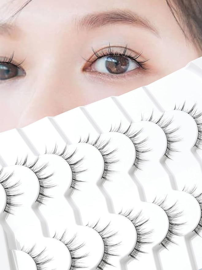 Manga Lashes Natural False Eyelashes 10MM Short Anime Lashes Thin Band Korean Lashes 3D Volume Strip Lashes Wispy Manhua Eyelashes 7 Pair Asian Lashes Siligli-BrightBean Baby