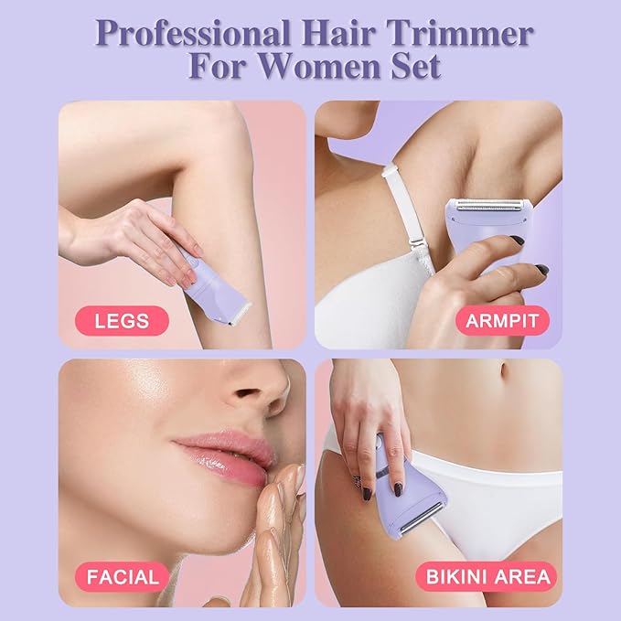 3-in-1 Bikini Trimmer for Women, IPX7 Waterproof Electric Shaver for Women-Rechargeable Electric Razors for Pubic, Facial & Body Hair Trimmer with LED Display, Travel Kit & Painless Blades (Purple)-BrightBean Baby