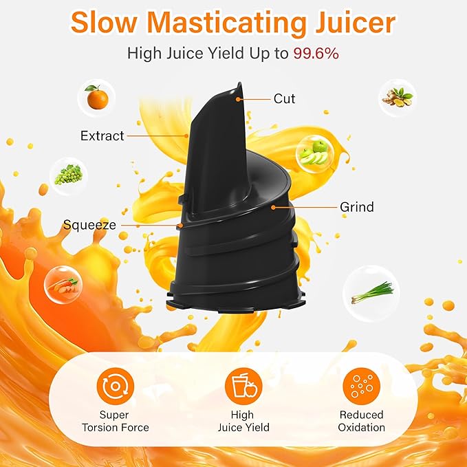 Cold Press Juicer, Masticating Juicer with Large Feed Chute Fit Whole Fruits & Vegetables，Stainless Steel Slow Masticating Juicer Easy to Clean, 99.6% Juice Purity, Metallic Silve