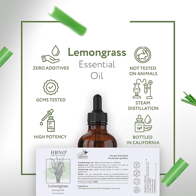 HBNO Organic Lemongrass Essential Oil - Huge 4 oz (120ml) Value Size - USDA Certified Organic Lemongrass Essential Oil, Perfect for Aromatherapy, Soap Making, DIY, Diffuser-BrightBean Baby