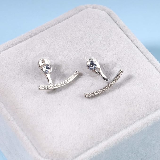 Crystal Bar Ear Climber Earrings Silver Rhinestone Ear Jacket Earrings Boho Bar Ear Crawlers Earrings Minimalist Geometric Moon Earrings Jewelry for Women and Girls-BrightBean Baby