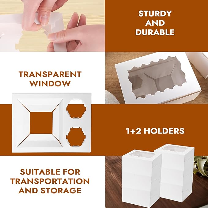 10 Packs bento cake box and Cupcake Box 3 Holes Fit 2 Cupcakes and 1 Mini Cake Box with Clear Window and Stickers for Wedding Birthday Party Bakery pastry boxes(White, 1+2(10Pack))