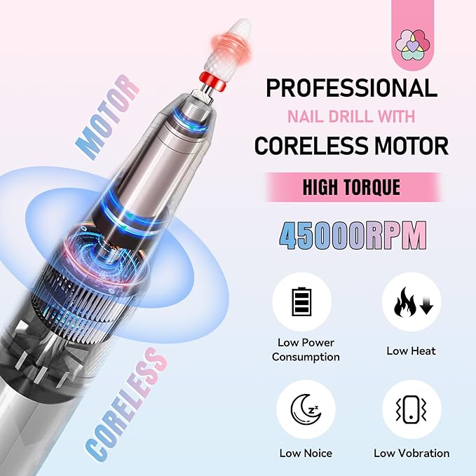SAVILAND 45000RPM Electric Nail Drill Professional: Unique Coreless Nail File Last 15H Long Battery Life |Cordless Nail Drill for Quick Acrylic Nail Removal Ultra Quiet Salon Use Manicure Pedicure-BrightBean Baby