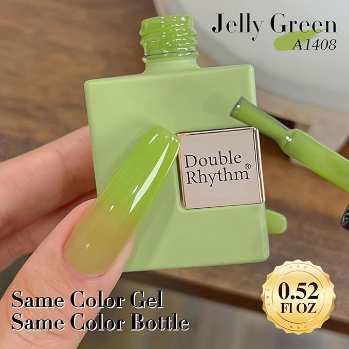Double Rhythm Translucent Gel Polish Sheer Neutral Natural Light Milky Same Color Same Bottle 15ML Jelly Nail Polish Nail Art DIY at Home (Green-A1408)-BrightBean Baby