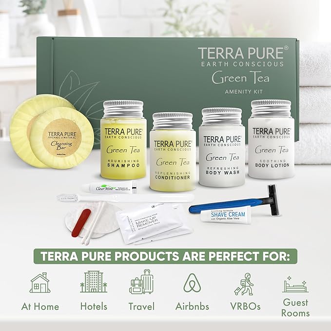 Terra Pure Green Tea Amenity & Accessory Kit | 1 oz Travel Size Shampoo, Conditioner, Lotion, Body Wash, 2 Soap Bars, Shave & Dental Sets, Make-Up Remover Wipes, & Vanity Kit | 1 set per case-BrightBean Baby