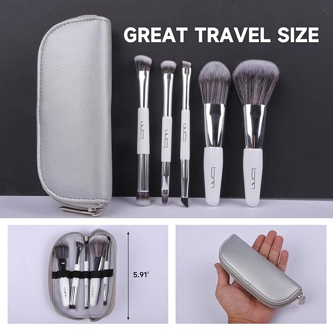 Travel Makeup Brushes Set w/Pouch, 5PCS Double Ended Portable Mini Cosmetic Brushes Kit for Foundation, Eyeshadow, Lip, Blush Make Up Brushes Professional(White)-BrightBean Baby