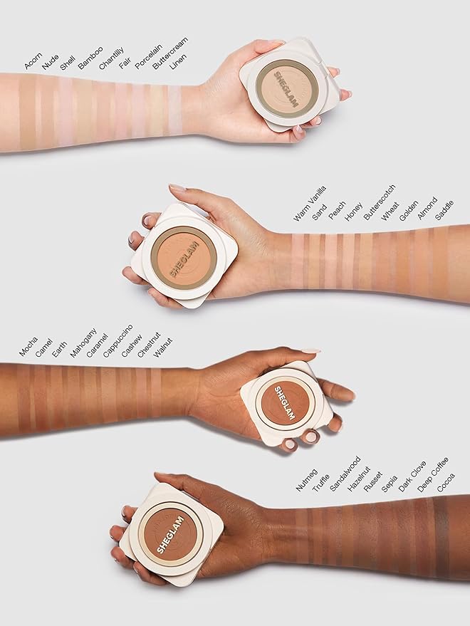 SHEGLAM SKin-Focus Full Coverage Powder Foundation Oil-Control Lightweight Face Pressed Powder Makeup-Cashew-BrightBean Baby