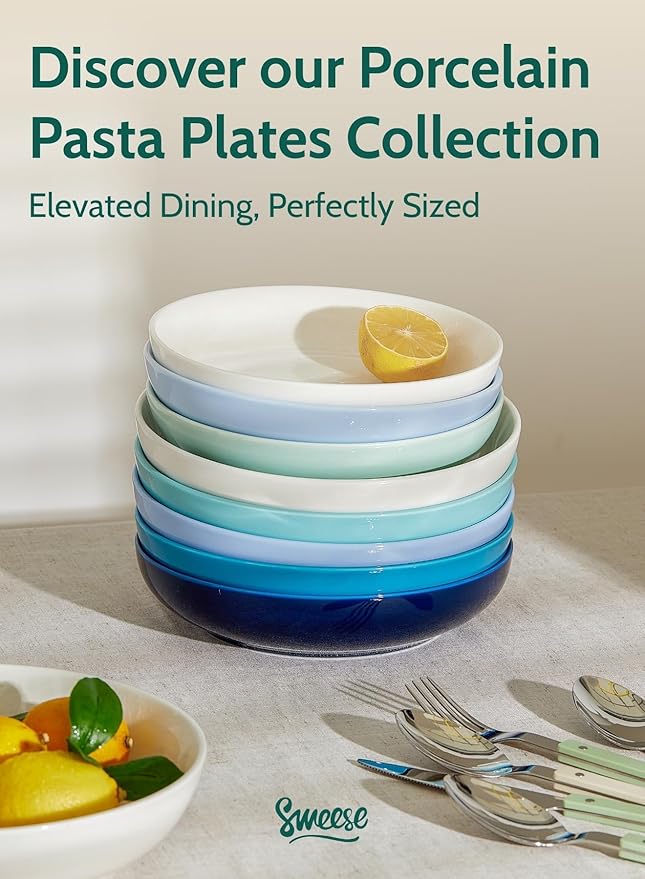 Sweese Pasta Bowls, 22 Ounce Salad Serving Bowls Set of 6, 7.6 Inch Porcelain Plates for Serving Dinner, Salad - Microwave Dishwasher Safe, Cool Assorted Colors