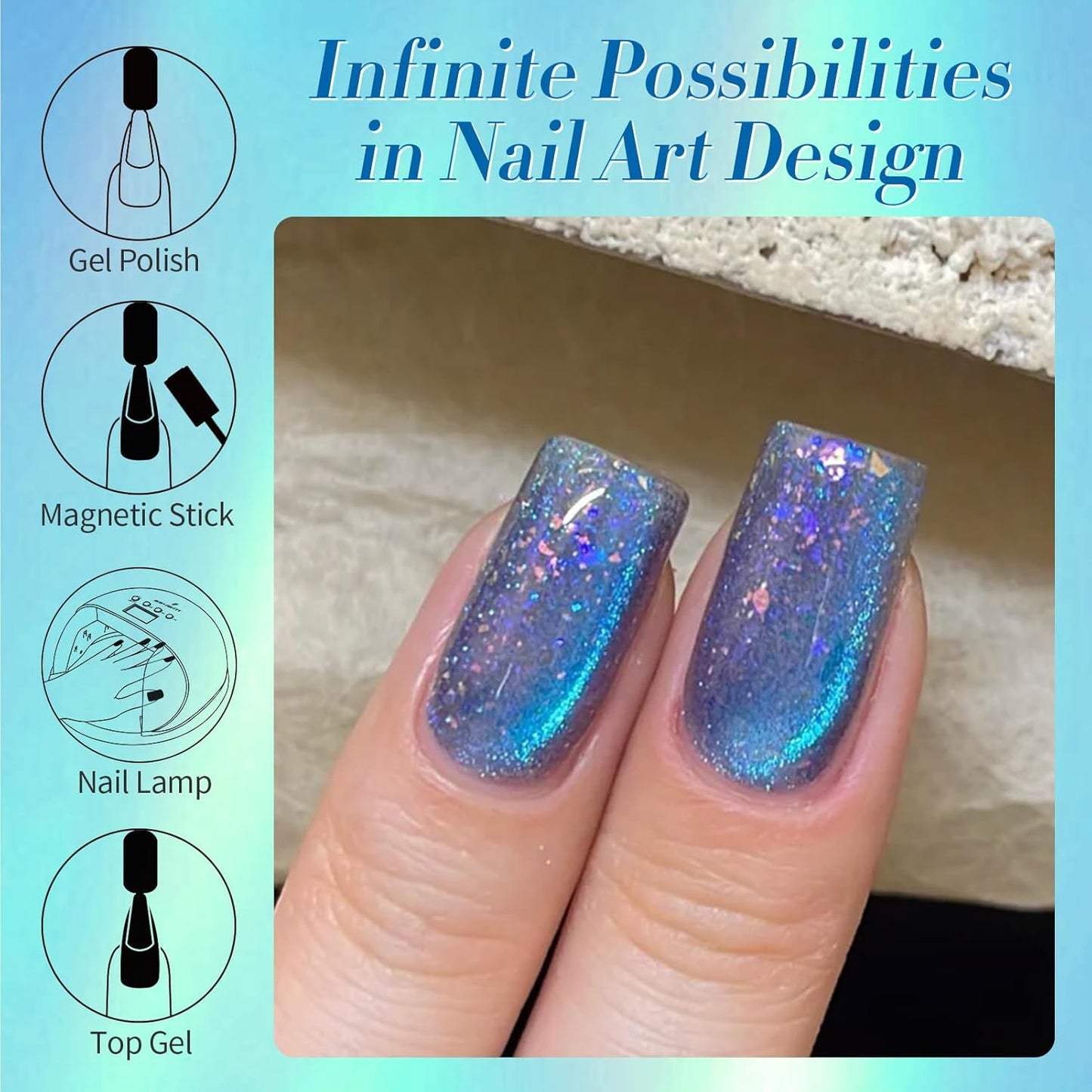 BORN PRETTY Blue Cat Magnetic Eye Gel Nail Polish Shimmer Glitter Holographic Aurora Blue Magnetic Gel Polish Nail Art Manicure DIY at Home 15ML-BrightBean Baby