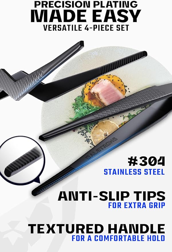 Dalstrong Professional Food Tweezers-Giftable 4pc Set-6.5"-High-Precision Tweezer Tongs-Black Titanium Coating-Plating, Multi-use-304 Stainless Steel-Culinary Fine Use-Metal Kitchen Tongs