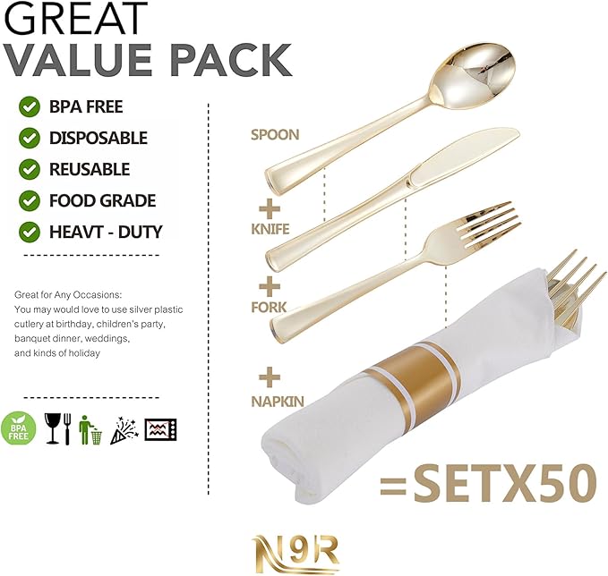 N9R 50 Pack Pre Rolled Gold Plastic Cutlery Set, Wrapped Plastic Silverware Set with 50 Forks, 50 Knives, 50 Spoons and 50 Napkins, Disposable Cutlery Set for Party and Wedding