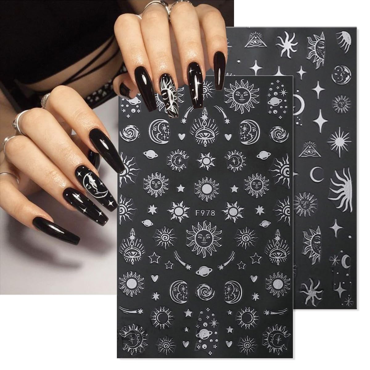 8 Sheets Metallic Nail Art Stickers Decals Silver Moon Star Sun Nail Stickers Eye Snake Nail Decals 3D Self-Adhesive Luxury Nail Art Design Stickers for Women Girls DIY Manicure Decoration Accessories-BrightBean Baby
