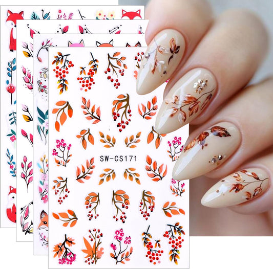 4pcs Fall Nail Stickers for Nail Art, 3D Autumn Fox Leaves Flowers Nail Decals Thanksgiving Leaf Pattern 3D Self-Adhesive Nails Sliders Fall Sticker for Nails Decoration DIY Manicure Accessories-BrightBean Baby