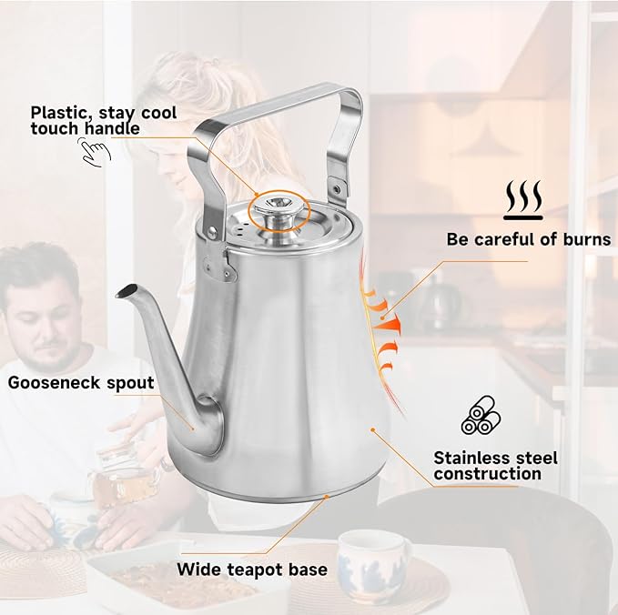 68OZ/2000ML Stainless Steel Teapot with Removable Infuser for Loose Leaf & Tea Bags, Stovetop Safe Tea Maker Water Kettle for Home Kitchen Hotel Restaurant Outdoor, Silver