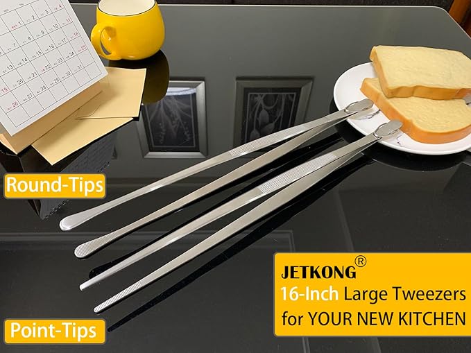 JETKONG 16-Inch Kitchen Tweezers Fine Tweezer Tongs Extra-Long Stainless Steel Cooking Tweezers (Point-Tips)
