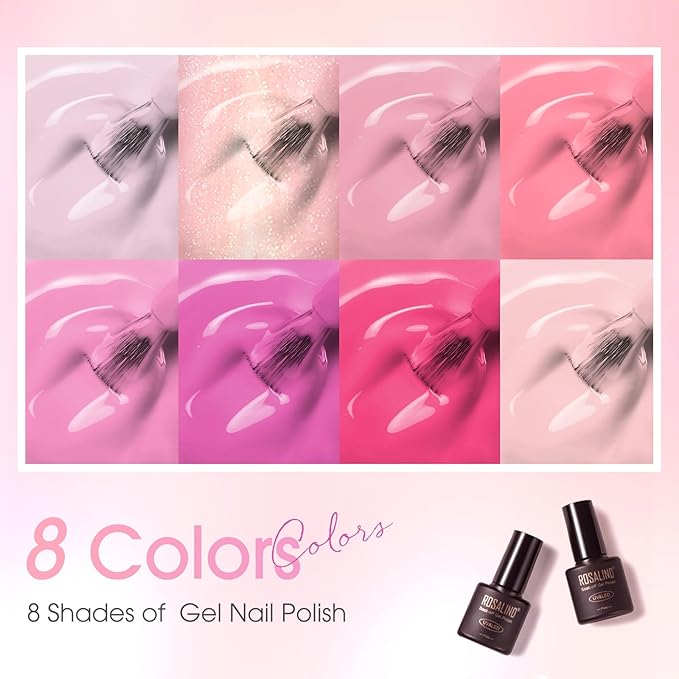 ROSALIND Pink Gel Polish, 8 Colors Hot Pink Light Pink Neon Pink Gel Nail Polish Set Pink Shades Pink Valentine Gel Polish Collection Nail Art Gift DIY at Home-BrightBean Baby