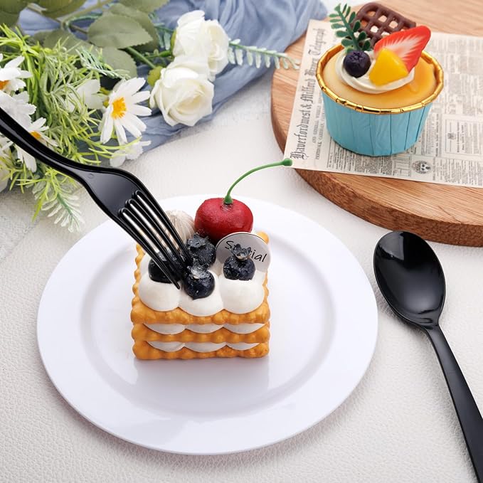 EI 360pcs Black Plastic Silverware,Disposable Cutlery,Plastic Silverware Heavy Duty,Plastic Spoons and Forks include 120pcs Forks,120pcs Spoons and 120pcs Knives,for Holiday, Birthday, Party