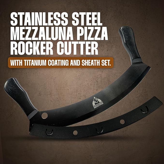 Chicago Brick Oven 12-Inch Pizza Cutter Rocker Blade – Stainless Steel Mezzaluna Knife with Titanium Coating – Large Professional Pizza Cutter with Protective Cover – Dishwasher Safe