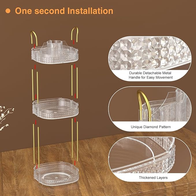 Awenia Rotating Makeup Organizer 360, Stackable Adjustable Large Capacity Cosmetic Storage Unit,Dresser Bathroom Kitchen Countertop Organizer with Metal Handle, Plus Size (Clear, 3 Tier)-BrightBean Baby