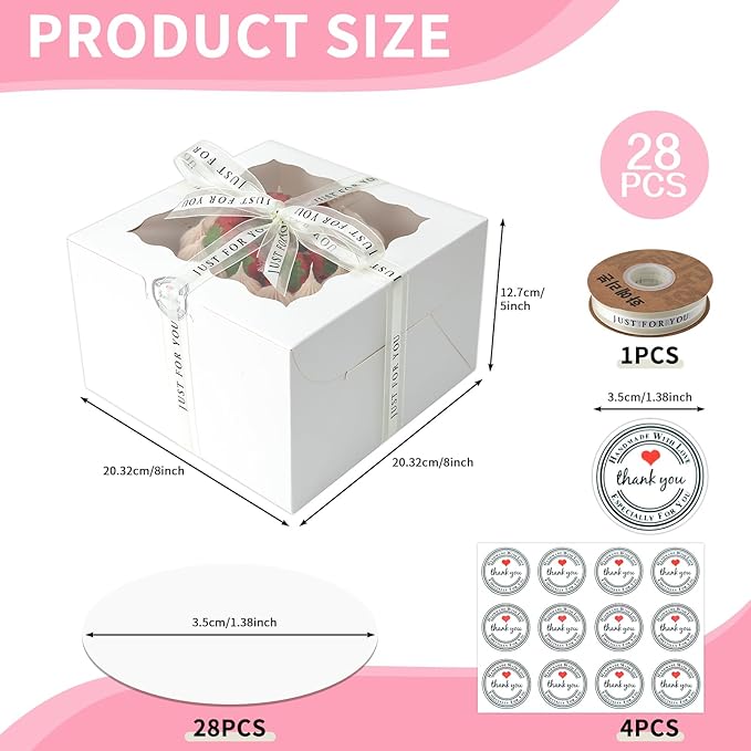 8x8x5 Cake Box, 28 Sets Cake Box with Window ＆ 28 Sets 8" White Cake Round Boards, 8inch Cake Containers(White, 885inch/28pcs)