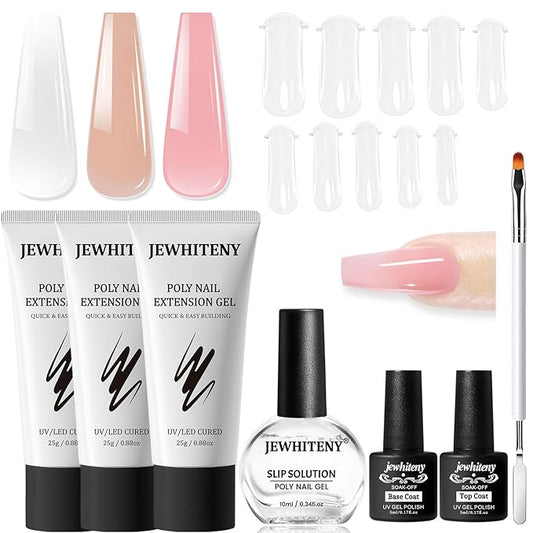 JEWHITENY Poly Extension Gel Nail Set Clear Pink Poly Nail Gel With Slip Solution Base Coat Top Coat French Manicure Need U V Lamp Curing for Finger Art and Home DIY-BrightBean Baby