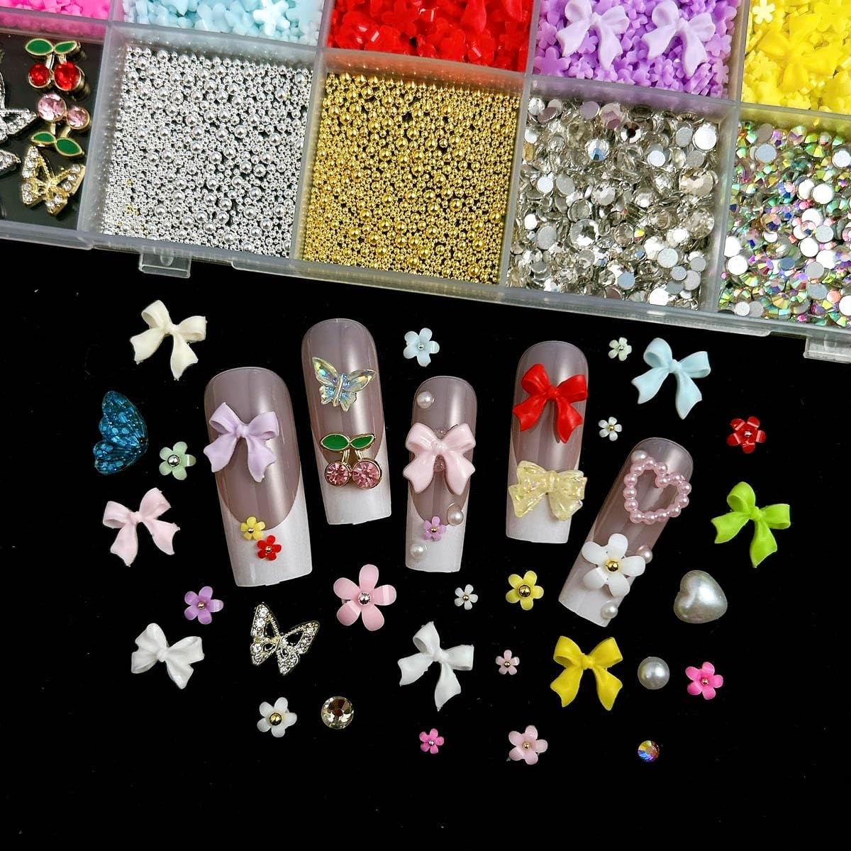 3D Colorful Flower Nail Charms, Flatback Pearl Bow Nail Charms and Gems, Alloy Cherry Butterfly Charms for Nails Design, Gold Caviar Beads Nail Rhinestones Manicure Charms for Practical DIY Tools-BrightBean Baby