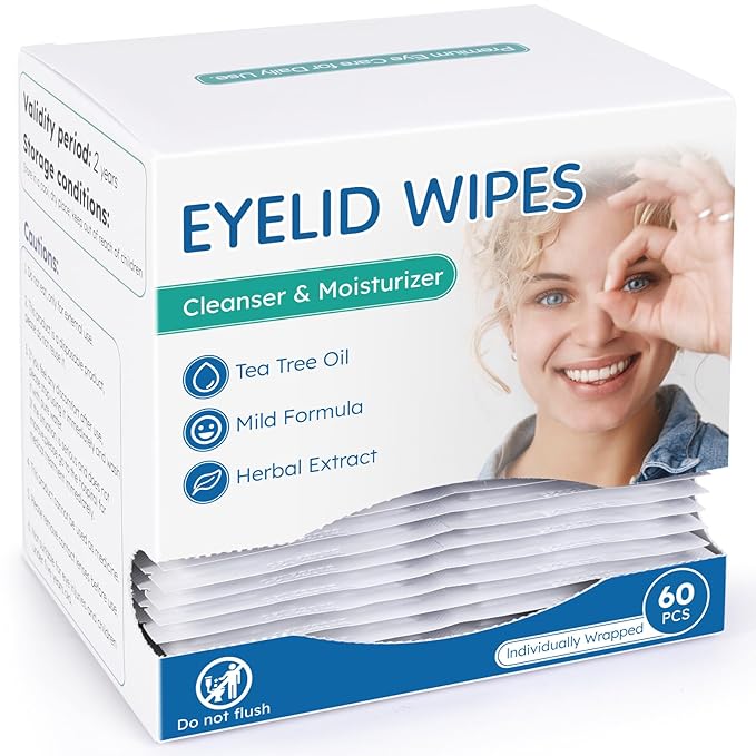 60-Count Eyelid Cleansing Wipes for Dry Eye & Blepharitis, tea tree oil Pre-Moistened Hypoallergenic EyeWipes for Sensitive Itchy Eyes, Individually Wrapped Eyelid Wipes Travel Essentials-BrightBean Baby