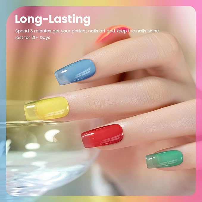 RARJSM Colorful Stained Glass Gel Nail Polish Set 6pcs Clear Crytal Blue Green Yellow Orange Red Neon Pink Series Transparent Sheer Amber Milky Gel Varnish LED UV Curing Requires French Manicure-BrightBean Baby