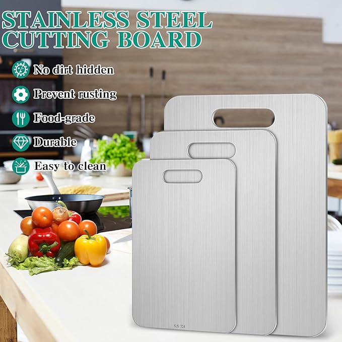 3 Pcs Stainless Steel Cutting Board for Kitchen 304 Steel Chopping Dishwasher Safe Metal Cutting Board Set for Kitchen Meat Fruit Vegetable (13.4"x9",11.8"x7.9",9.5"x6")