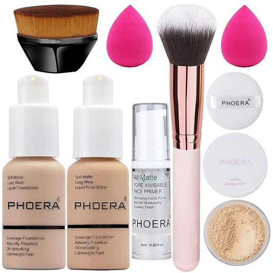 Makeup Kit for Women Included 2 Phoera Foundation SPF 20+ 30ml Matte Oil Control, 2 Kabuki Makeup Brushes, Phoera Primer, Powder Foundation, 2 Makeup Sponges (101 Porcelain + 102 Nude)-BrightBean Baby