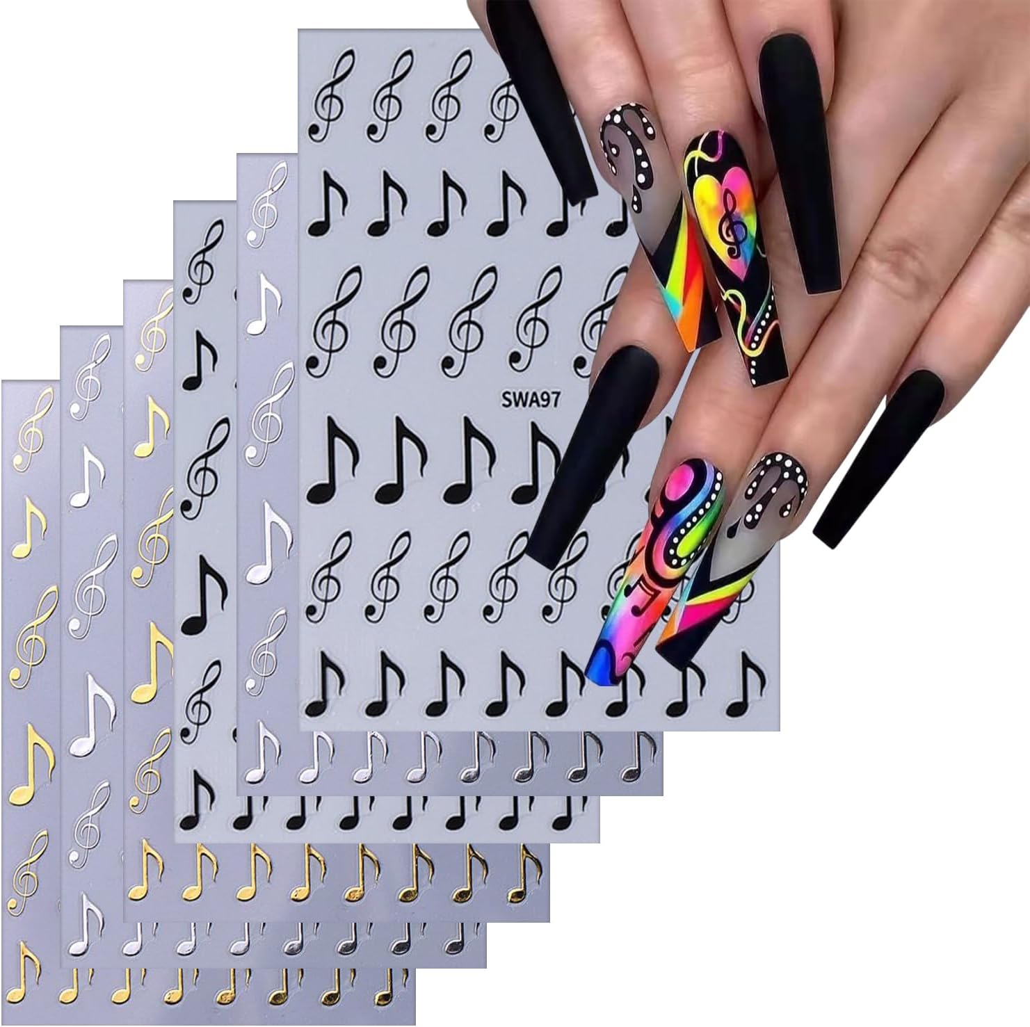 6 Sheets Musical Symbols Nail Art Stickers 3D Self-Adhesive Nails Sticker Music Notation Nails Art Decals Holographic Music Decal Decoration for Women Silver Black Manicure Stickers DIY Nail Supplies-BrightBean Baby