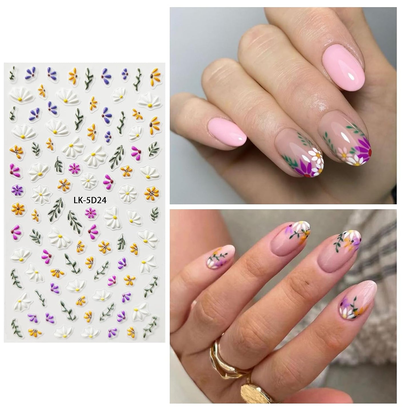 Flower Nail Art Stickers 5D Embossed Flower Nail Decals Spring Summer Pink Flowers Nails Design 3D Self-Adhesive Accessories for Women Nails DIY Decoration(6 Sheets)-BrightBean Baby