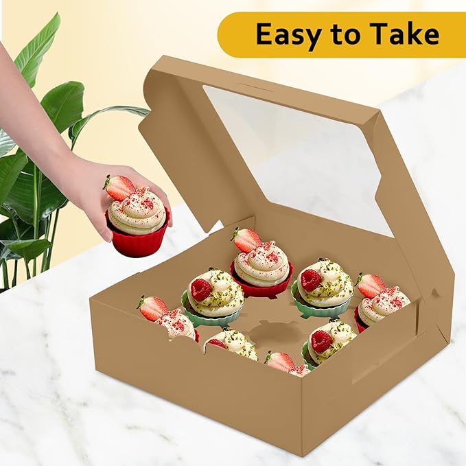 9-Count Cupcake Boxes with Window and Insert, 9x9x3 Inch, Brown, Suitable for Cupcakes, Muffins, and Cookies, 8 Pack