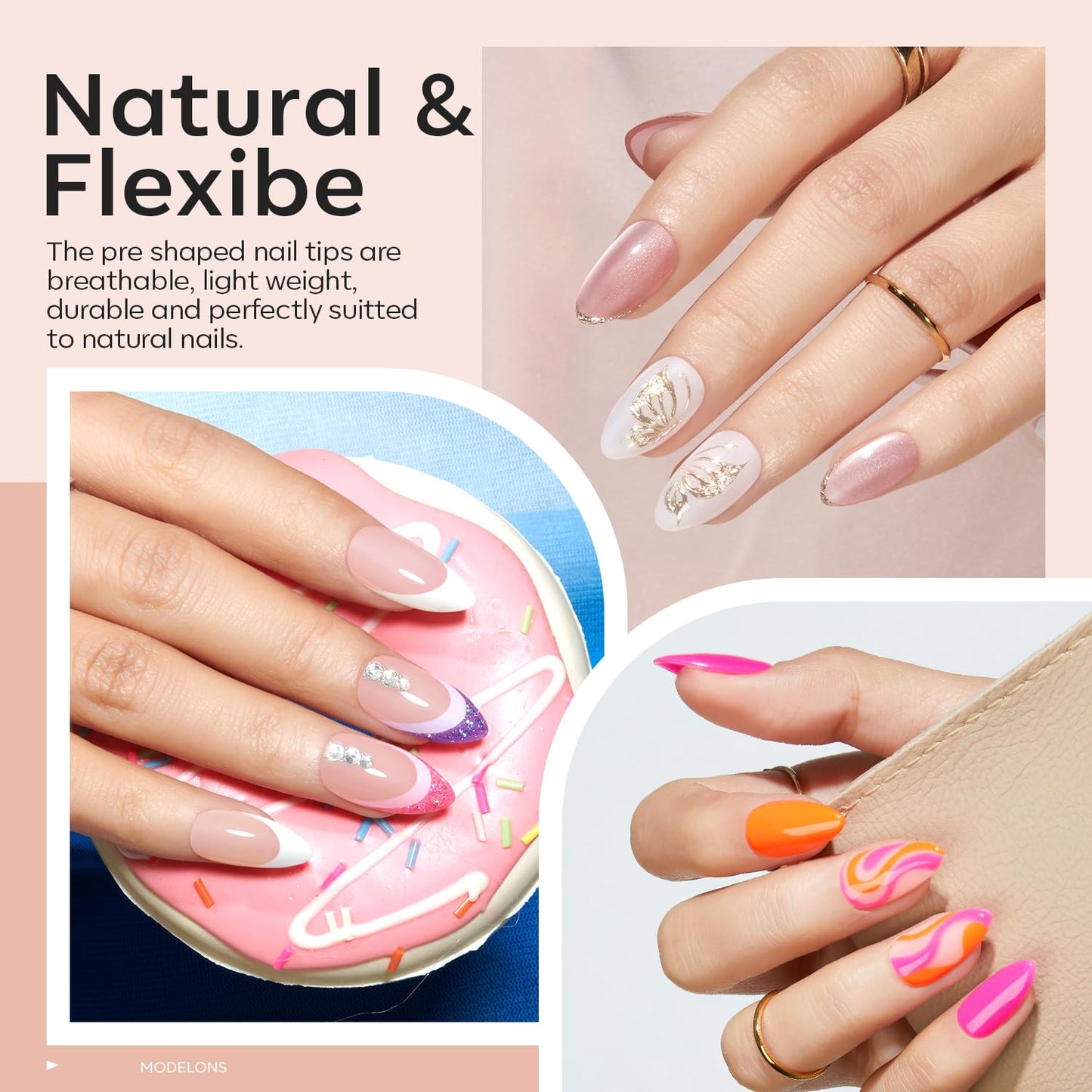 modelones Short Almond Gel Nail Tips Kit, 9-in-One Nail Glue with Portable U V Lamp 216Pcs 12Sizes Pre-Etched Press ons Fake Acrylic Extension Kit DIY Salon Gift for Women-BrightBean Baby