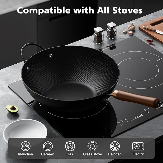 Nonstick Wok 13 Inch Carbon Steel Wok Pan with Glass Cover - Stir-Fry Pan