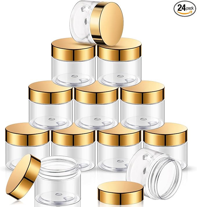 SATINIOR 24 Pieces Empty Clear Plastic Jars with Lids Round Storage Containers Wide Mouth for Beauty Product Cosmetic Cream Lotion Liquid Butter Craft and Food(Gold Lid,6 oz)-BrightBean Baby