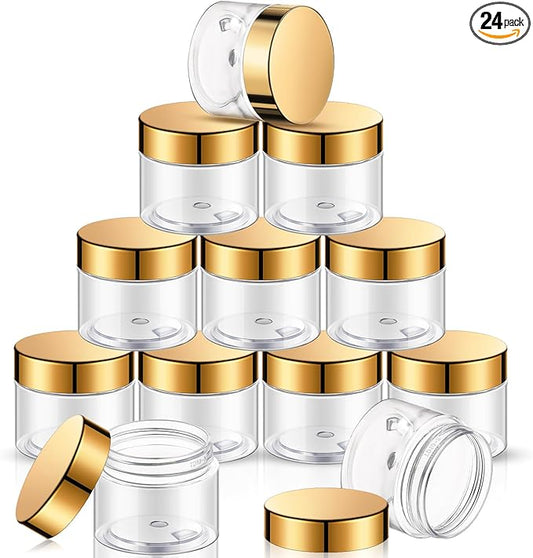 SATINIOR 24 Pieces Empty Clear Plastic Jars with Lids Round Storage Containers Wide Mouth for Beauty Product Cosmetic Cream Lotion Liquid Butter Craft and Food(Gold Lid,6 oz)-BrightBean Baby