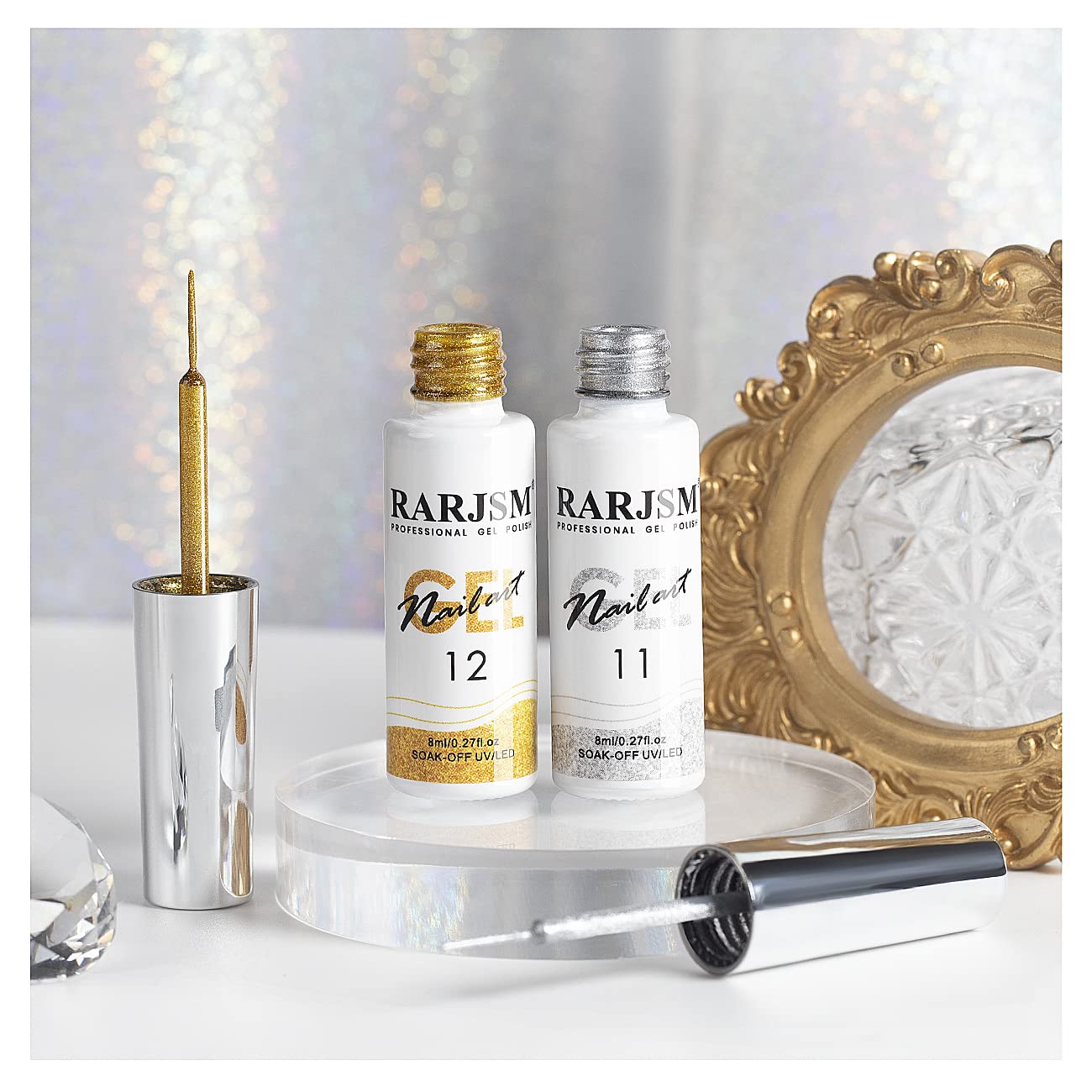 RARJSM Gel Liner Nail Art Silver Gold Glitter Nail Design Polish Painted Gel Nail Polish Set 2Pcs Soak off Curing Requires 8ml Build in Thin Brush for Home Salon Diy Nail Decoration Dotting Painting-BrightBean Baby