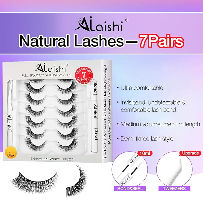 Wispy False Eyelashes Kit With Bond, Seal and Tweezer, 7 Pairs Natural Look Fake Cat Eye Lashes Strips Thin Band Extensions Waterproof Easy Eyelashes for Beginners RQ45-BrightBean Baby