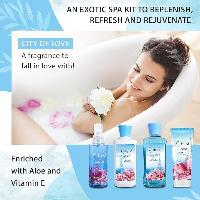 Bath & Body Kit - Body Lotion, Shower Gel, Body Cream, and Fragrance Mist, 3 Fl Oz each, in City of Love, Ideal Skincare Gift Home Spa Set for luxurious indulgence-BrightBean Baby